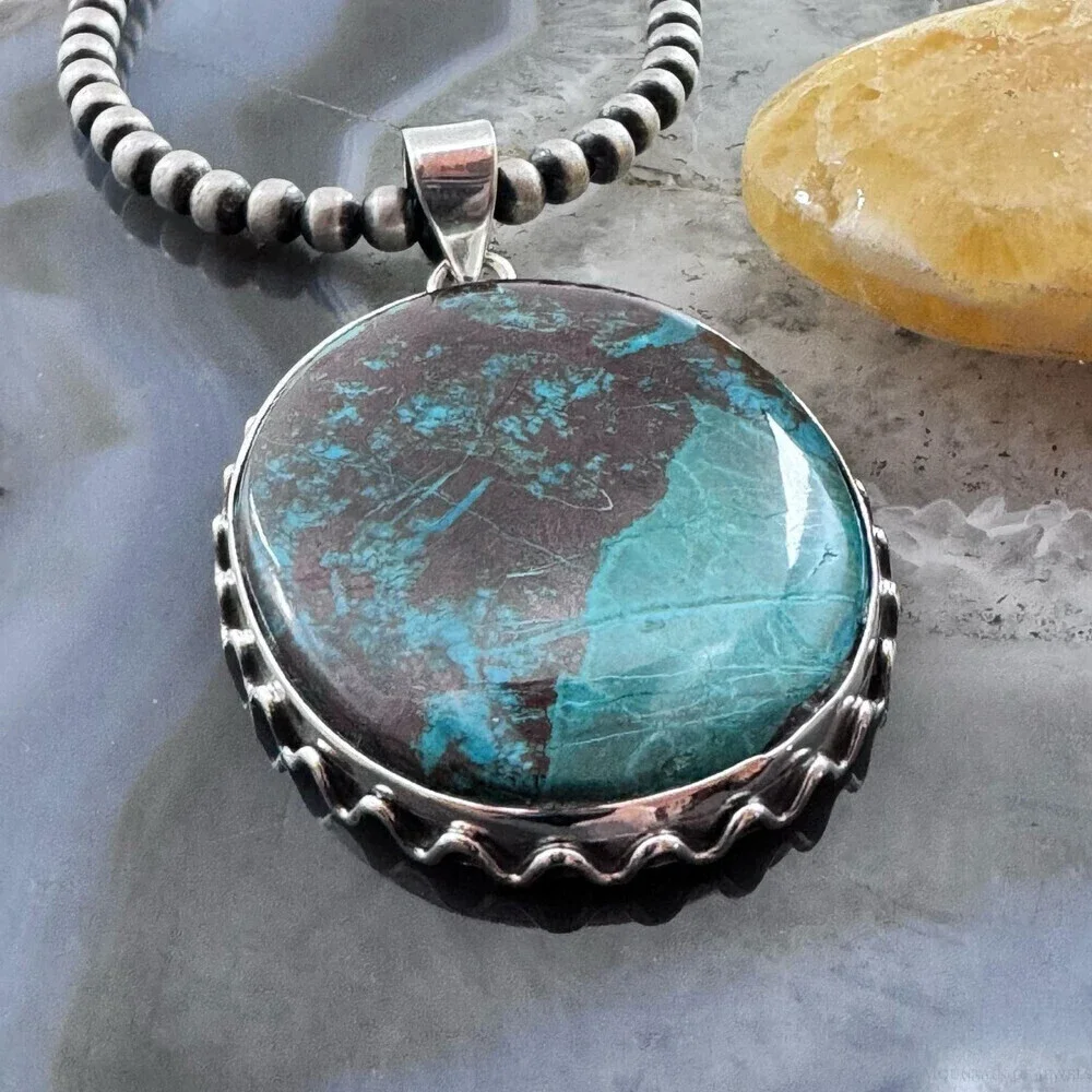 Sterling Silver Southwestern Style Large Oval Green Turquoise Pendant For Women - Picture 4 of 10